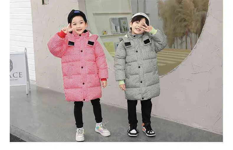 2021 New Children Plaid Medium Length Cotton Clothes Boys And Girls Solid Color Hooded Down Jacket Baby Warm Jacket J220718