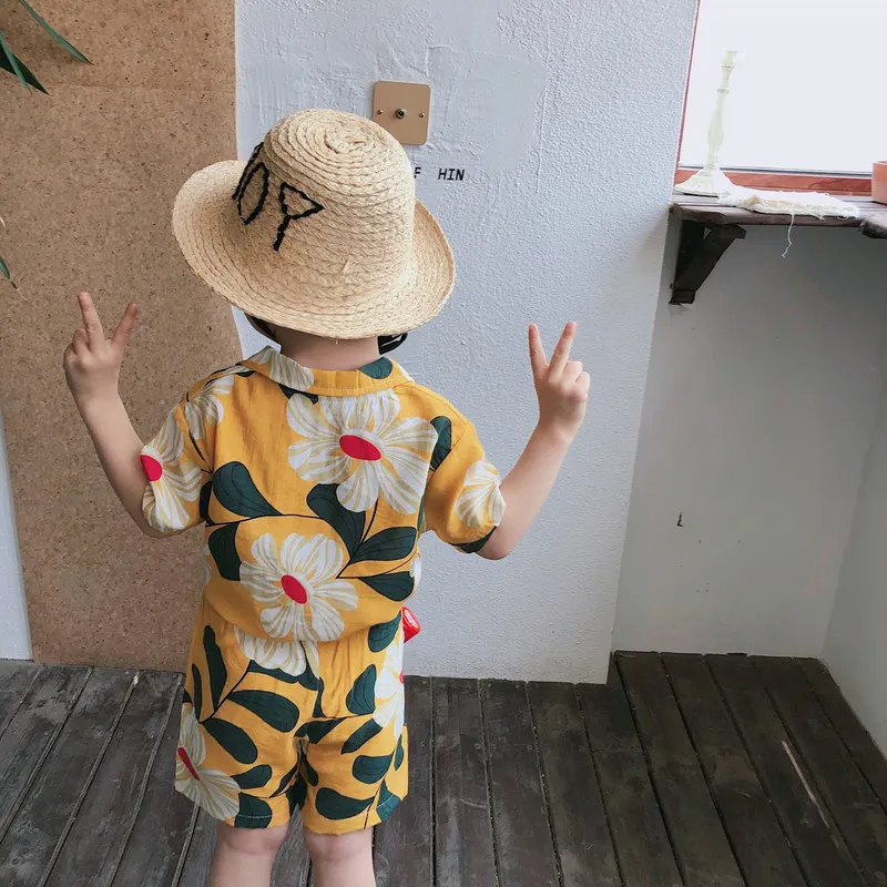 Summer Fashion Boys Big Floral Beach Style Miękkie zestawy odzieży Dzieci cienkie oddychane krótkie krótkie