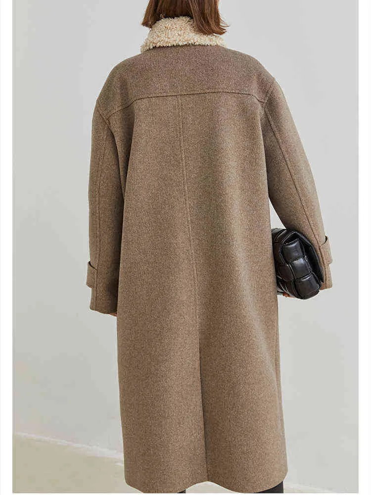 Bouton de corne manteau mi-long en laine femmes automne hiver nouveau style rétro simple droit sur le genou manches longues veste femme L220725