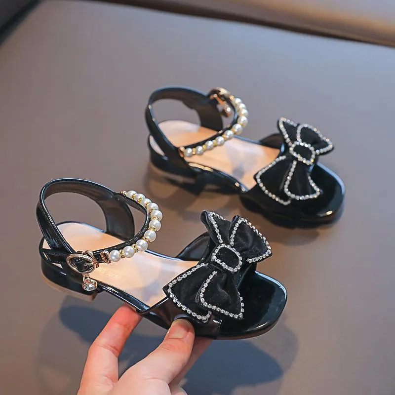 Sandals Summer Pearl Rhinestone Bow Fashion Princess Shoes 2022 Girls Non-slip Kids Black Red Size 25-36