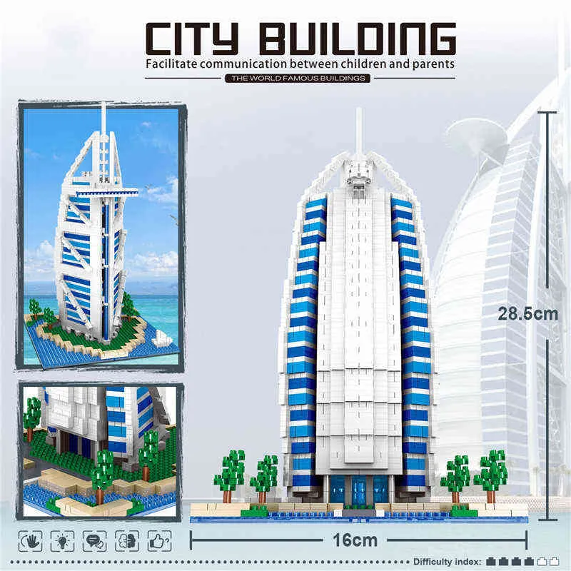 ブロックワールドアーキテクチャダイヤモンドビルディングブロックBurj al Arab Hotel 3D Model DIY Mini Bricks Toys for Children Gifts T230103