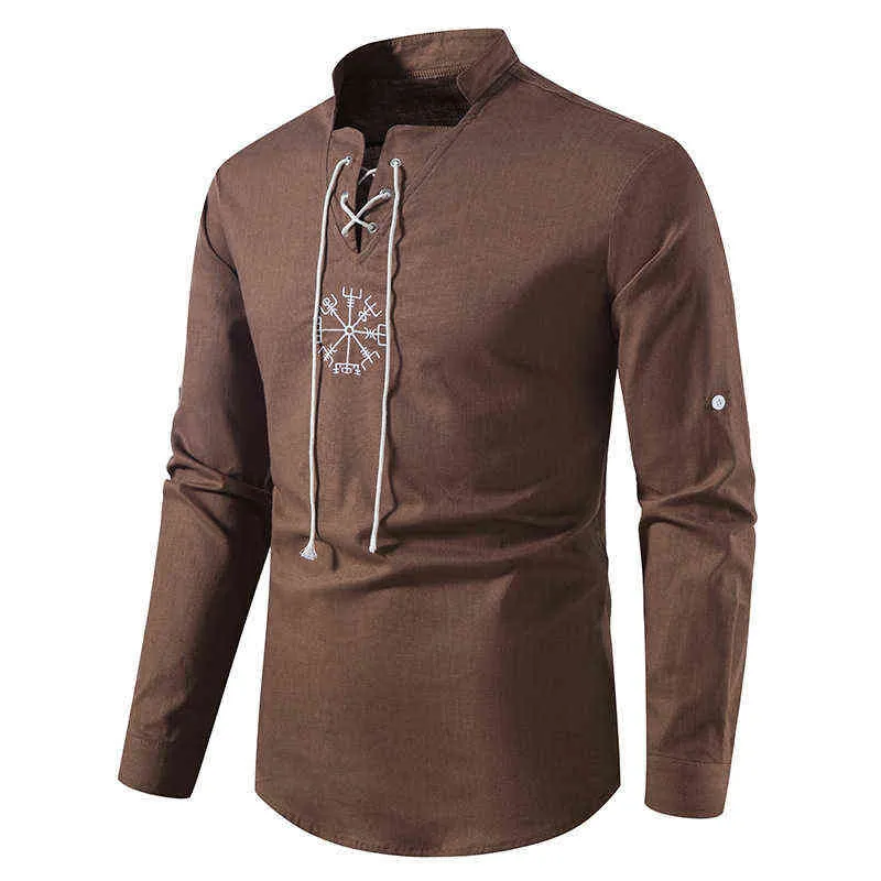 Chemise à imprimé ethnique pour hommes, chemise de marque à lacets, manches longues, col Mandarin, chemises de plage décontractées, été, 2022, L220704