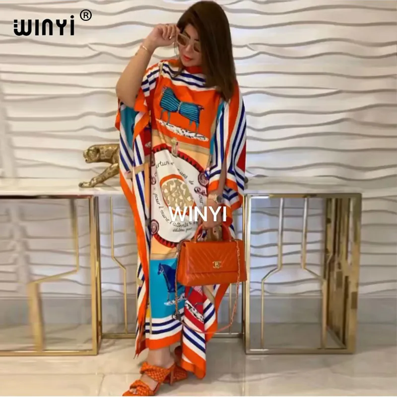 Africa Fashion Blogger Rekommendera tryckt Silk Kaftan Maxi Dresses Loose Summer Beach Bohemian Kaftan Long Dress for Lady 220714