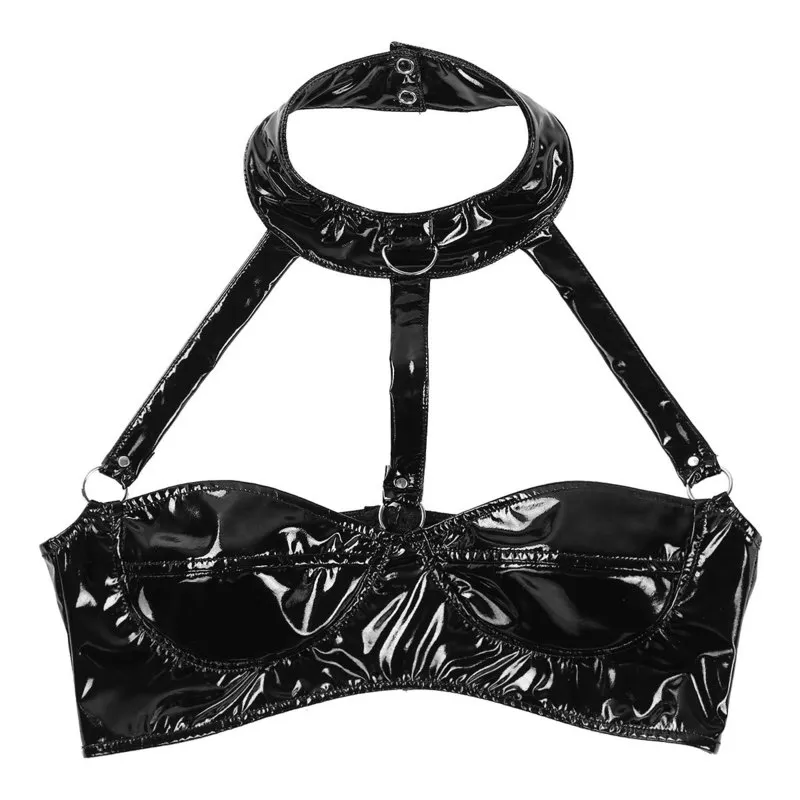 Womens Wet Look Tanks Crop Top Leather Lingerie Latex Costumes Dancing Clubwear Strappy Front Backless Wire-free Bustier Bra 220316