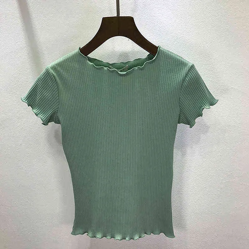 Tees Women ruffled Shirt Trimmings Ribbed Crop Tops Solid Fashion Short Sleeve Soft And Stretchy Short T-shirt Female Crop Tops Y220509