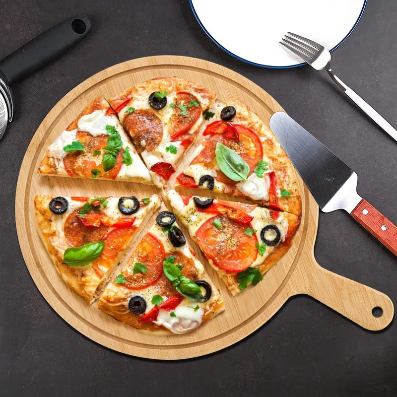 Personalizado personalizado 9 pulgadas cocina pastelería tableros para hornear madera redonda pizza pan antiadherente para hornear pastel tablero con mango 220707