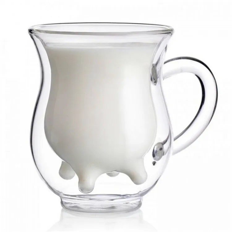 Home Creatieve tuimelaars koe dubbele laag glazen creamer cup 250 ml mooie melkkruik sap thee koffiekopjes heldere bril mug melk fron frother pitcher ZC1215