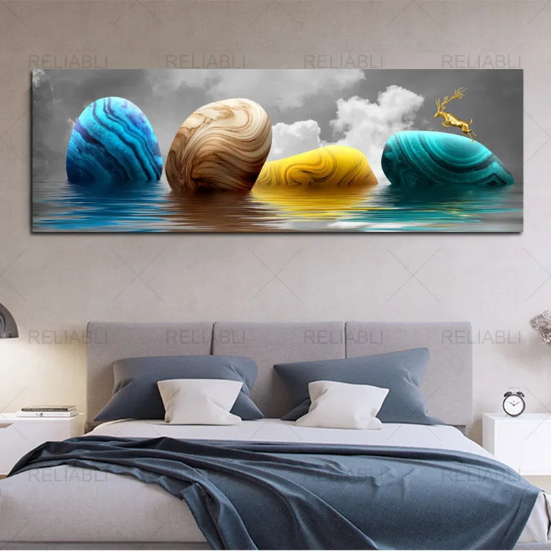 Kleurrijke stenen gouden herten wolken landschapsposters en print moderne canvas schilderen muurfoto's voor woonkamer huisdecoratie