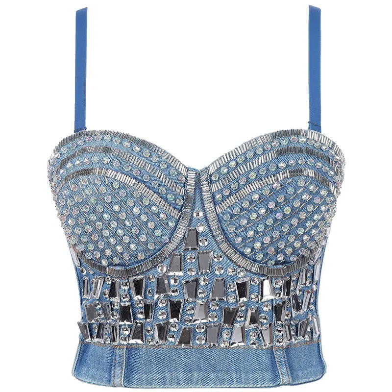 Fashion Corset Top with Diamond Denim Crop Sexy Glitter Party Club Rave Festival Clothing 220316