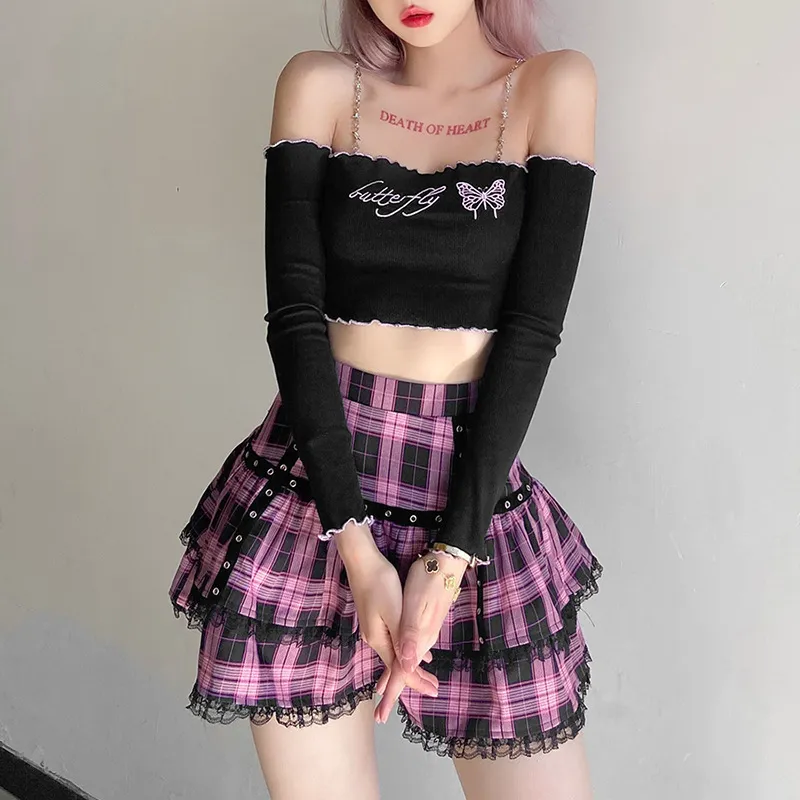 ITA Kek Mini Etekler Gotik Japon Harajuku Kızlar Mor Pembe Ekose Pileli Etek Punk Tatlı Dantel Kawaii Cosplay Kostüm 220702