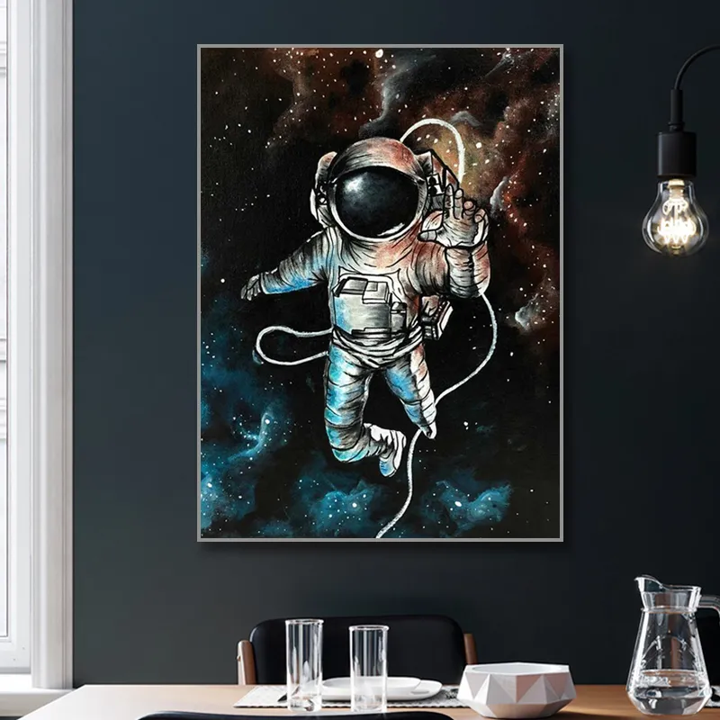 Astronauta Kwiatowa Płótno Malarstwo Śmieszne Plakaty Cosmonauta Dreaming Stars Malarstwo Oil Wydruki Wall Pictures for Saling Room Decor