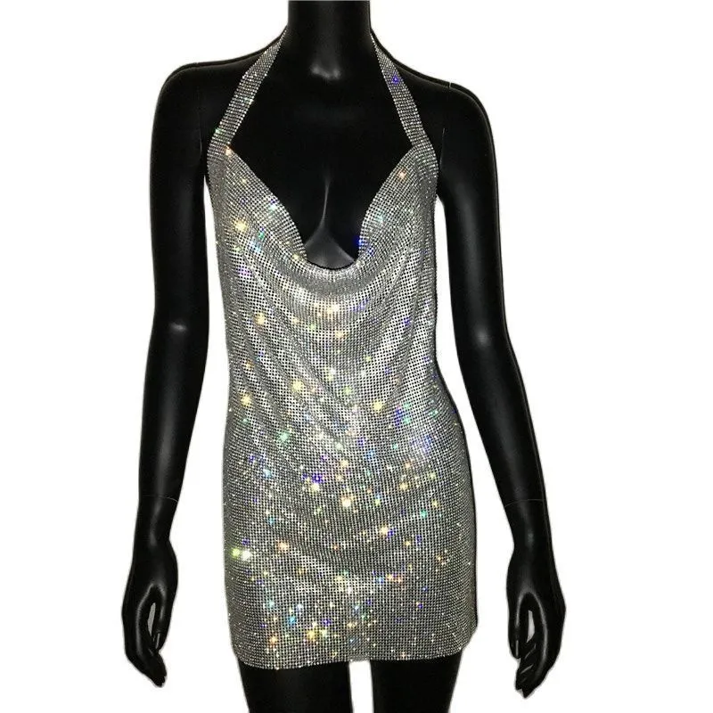 Sexy Deep V Neck Crystal Dres Luxury Halter Dance Party Diamante Backless Split Mini Dresses 220423