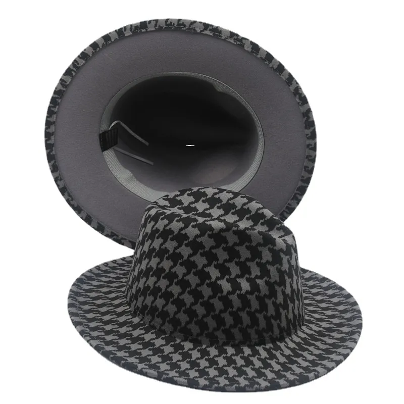 Chapeau Fedora imprimé pied-de-poule avec fond noir hommes grand bord extérieur tendance chapeau Panama femmes Jazz chapeau haut de forme pour fête mariage