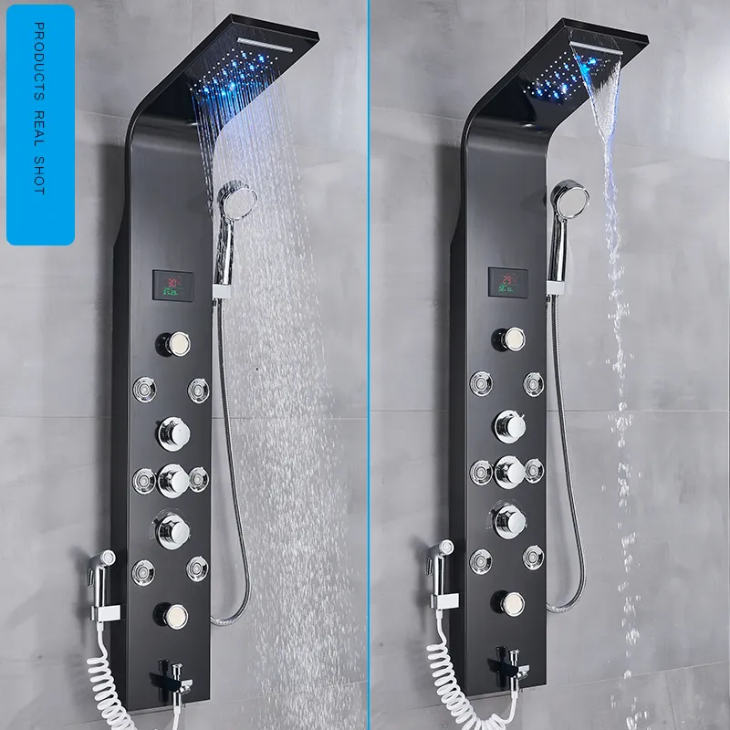Monte a parete pannello doccia nero doccia colonna a led cascata rubinetto doccia set con spruzzatore bidet display a temperatura massaggio