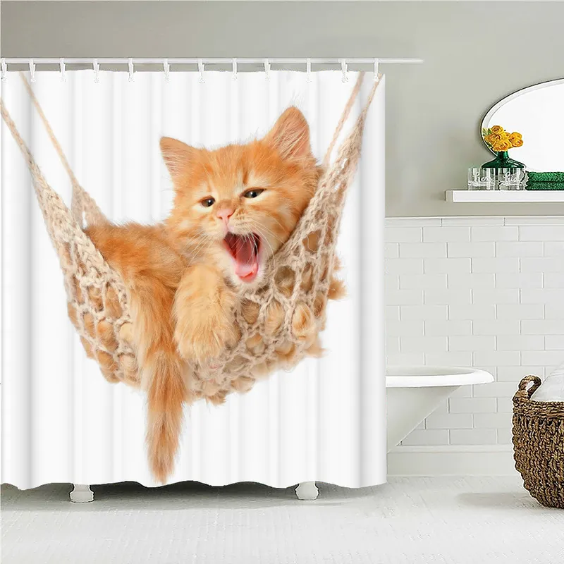 バスルームの防水シャワーカーテン面白い動物を印刷するフック浴槽のある素敵な猫犬Sスクリーン220429