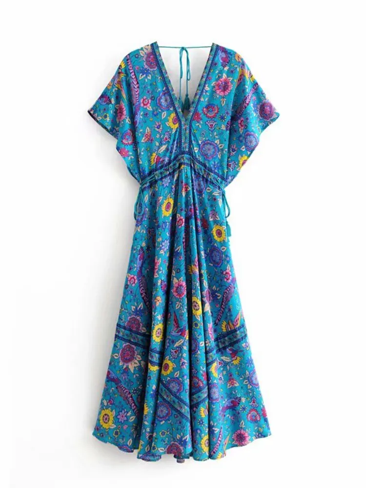 Винтажные шикарные женщины Peacock Floral Print Bat рукав Beach Bohemian Maxi платья халаты дамы V-образным вырезом в кисточке Летние Boho платье 220406