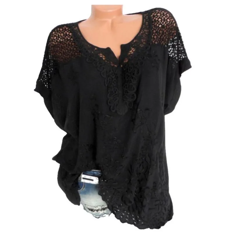 Summer Short Sleeve Womens Tshirt and Tops Loose White Lace Patchwork Shirt S6XL Women Topps Casual Clothes 220526
