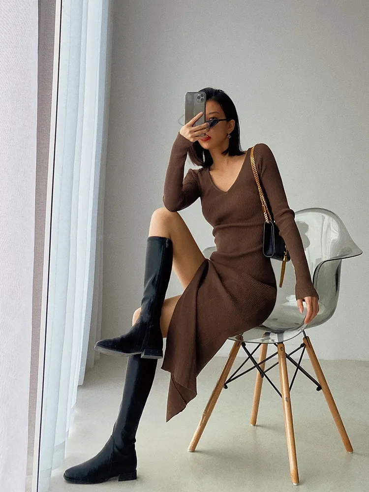 spring and winter sexy French slit sweater dress female slim tight-fitting hip-knit over-the-knee dresses 220316