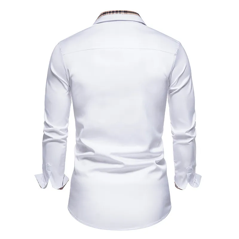 PARKLEES 가을 격자 무늬 패치 워크 정장 셔츠 남성용 슬림 긴 소매 흰색 단추 위로 셔츠 드레스 Business Office Camisas 220401