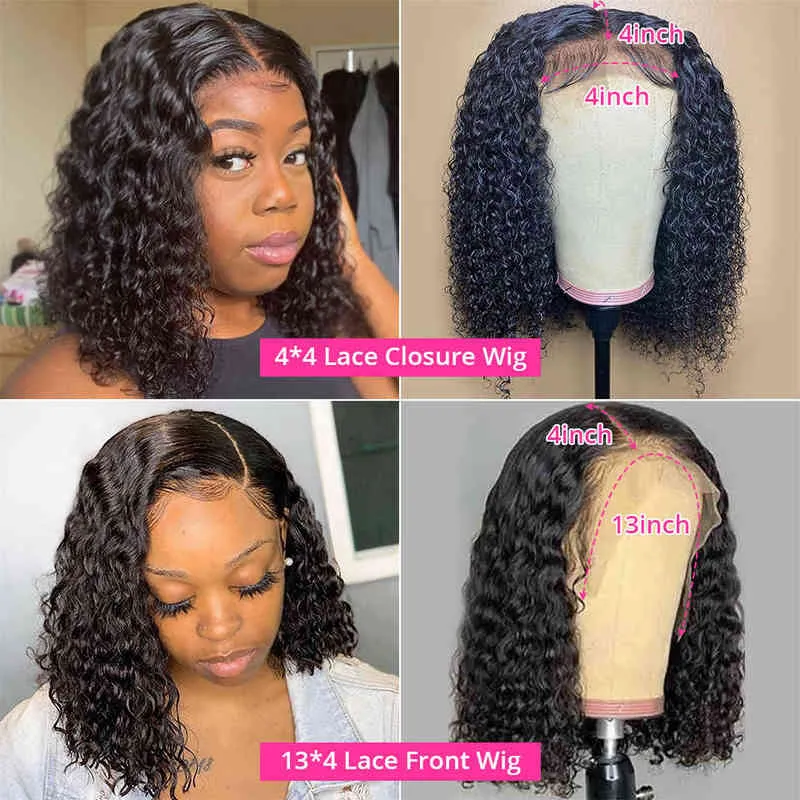 HJ Short Deep Wave Wig 13x4 Bob Human Hair S met baby 4x4 kanten sluiting frontaal voor vrouwen 220713