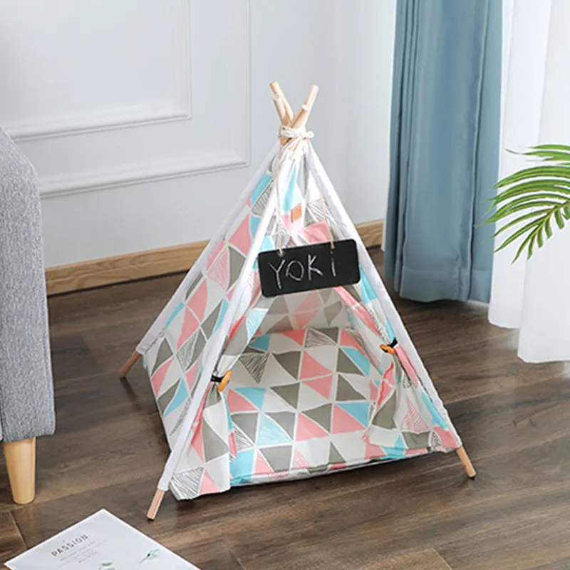 Pet Tent House Dog кровать портативный съемный моющийся Teepee Щенок Щенок крытый открытый клетчатый пещер с подушкой и доски 220323