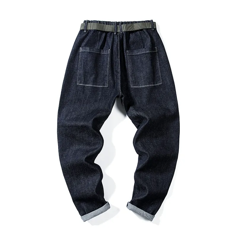 Jeans blu scuro da uomo elasticizzati vestibilità ampia gamba larga primavera estate pantaloni harem casual vita elastica streetwear patchwork include cintura CX220401