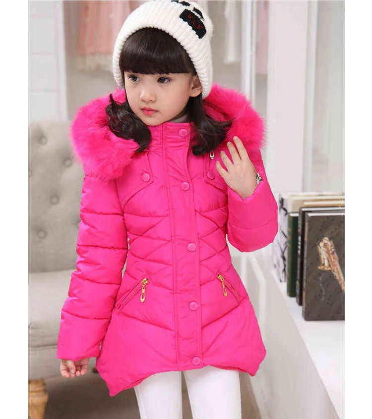 Big Size Teenage Princess Winter Warm Jacket Thick Heavy Weight Slim Grid Fur Collar Hood Outerwear For Girl Children Windbreaker J220718