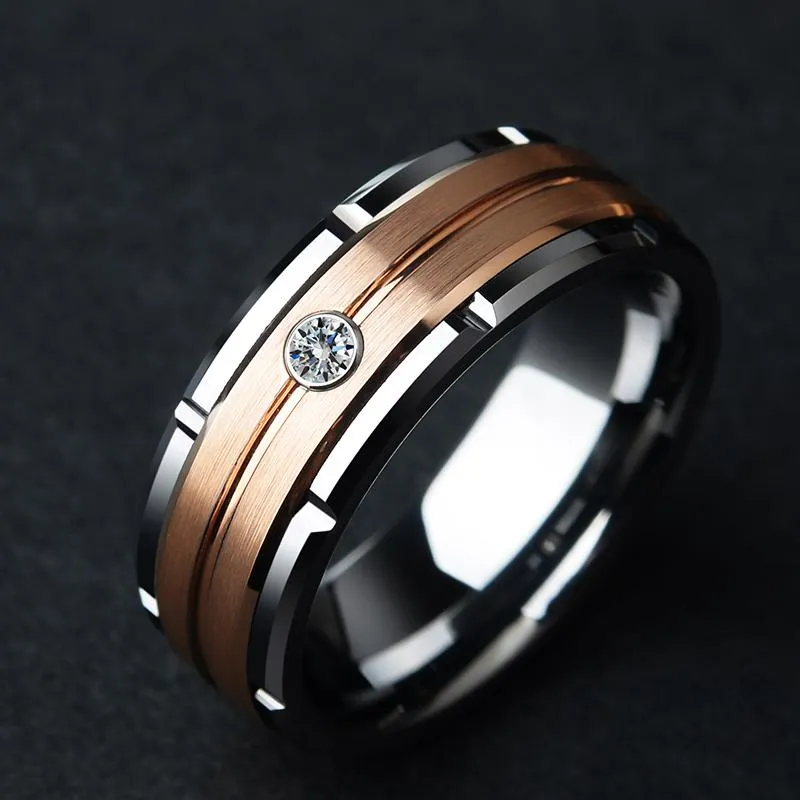 Anillos de boda que venden banda de tungsteno de 8 mm para parejas Chapado en oro rosa Acabado cepillado con piedra de circonita cúbica blanca 6-13Weddin223o