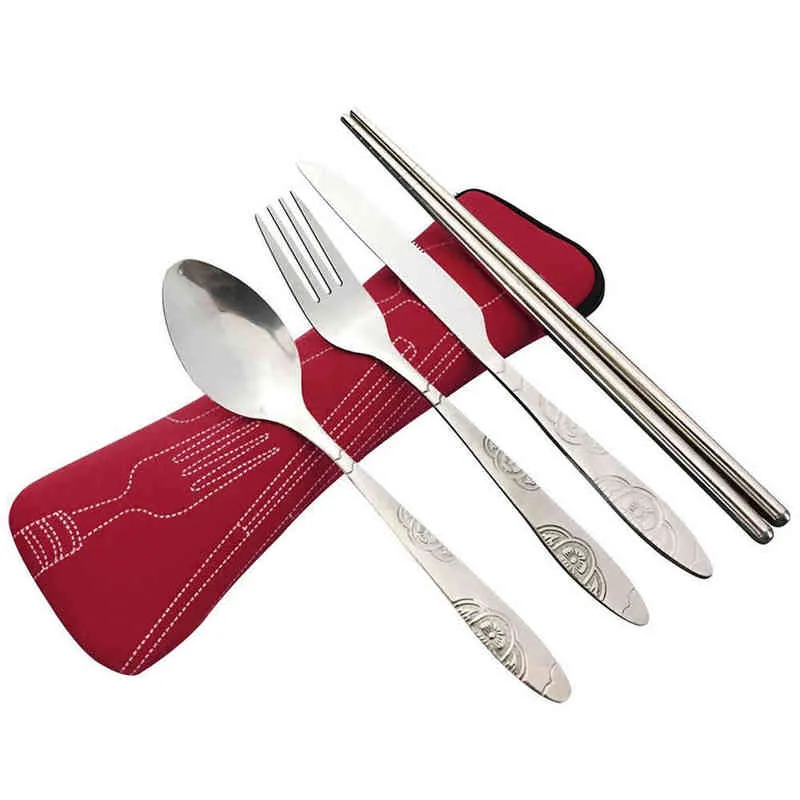 4 pièces/ensemble en acier inoxydable fourchette cuillère baguettes voyage Camping couverts outils vaisselle JAN88 Y220530