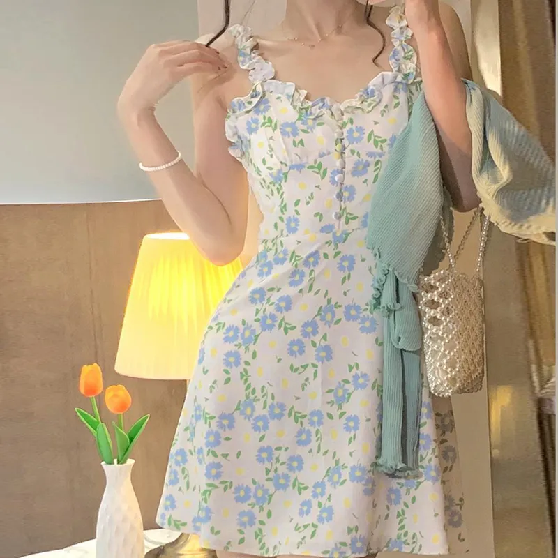 Czjms chiffon cami klänning tryck blommig casual klänning hög midja lös klänning elegant kläder koreansk sommarmode 220520