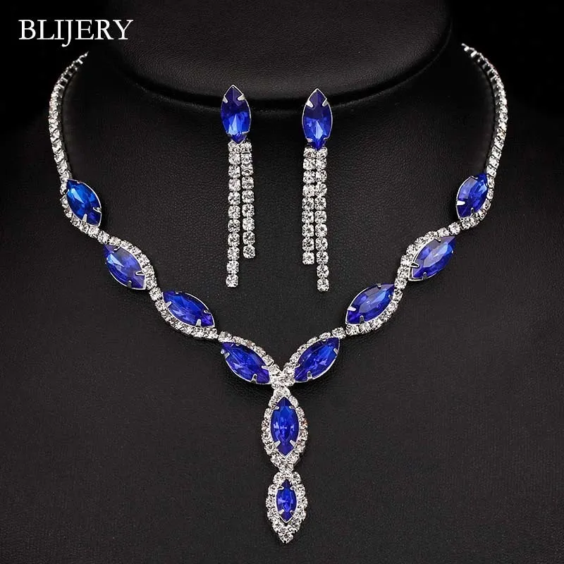 Blijery Elegant Royal Blue Crystal Свадебные украшения наборы страпов с длинными кисточками серьги для колье браслета для свадебных ювелирных изделий 220726