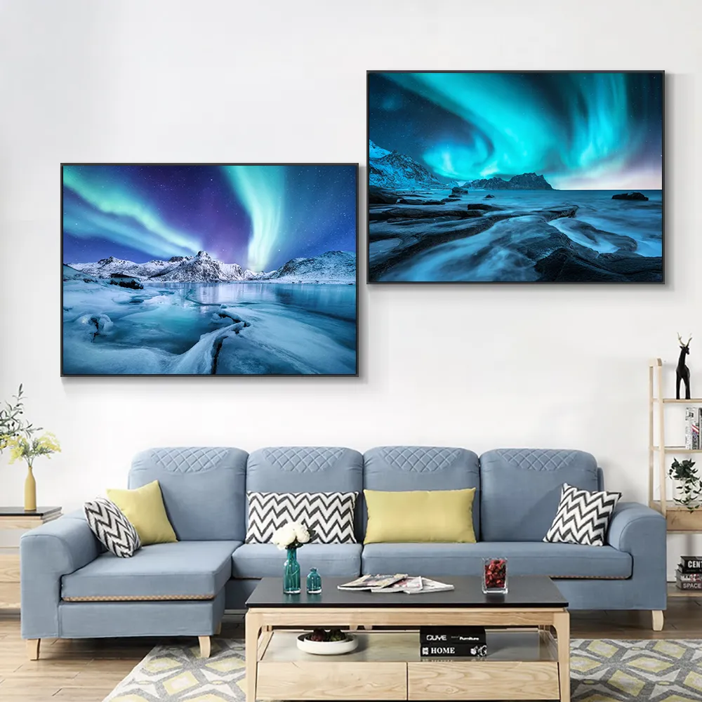 Colorato Aurora Boreale Dipinti su tela L'aurora boreale Paesaggio Poster e Stampa Wall Art Livingroom Decor Picture