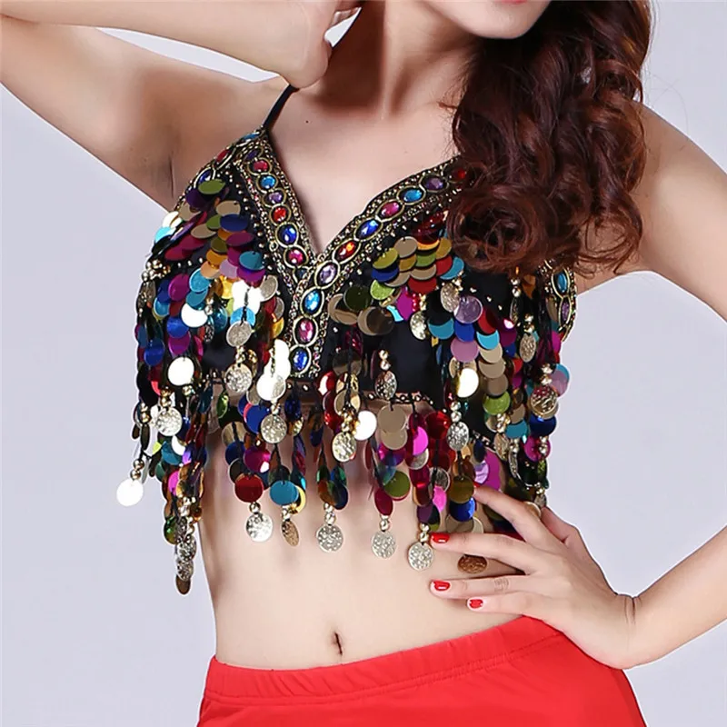 Sexy Cekiny Tassel Mermaid Cami Crop Top Kobiety Rainbow Coins Frezowanie Backless Chiffon Party Club Cropped 220318