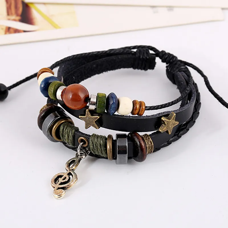 Fait à la main Boho Gypsy Hippie Design Marron En Cuir Étoile G Clef Note Métal Charmes Bois Bouton Perles Wrap Unisexe Bracelet Réglable 220727