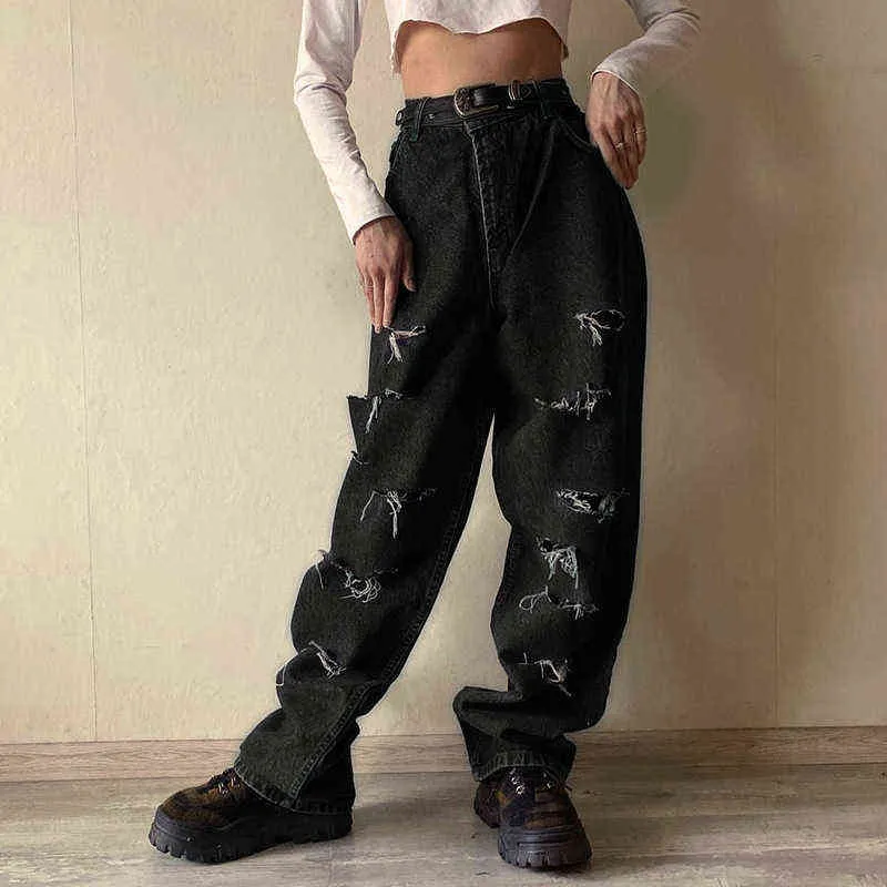Nowe dżinsy rozerwane kobiety Y2K High Street Retro Holening Grinding High Waisted Dżinsy Hot Girl Loose Casual Streetwear Dżinsy L220726