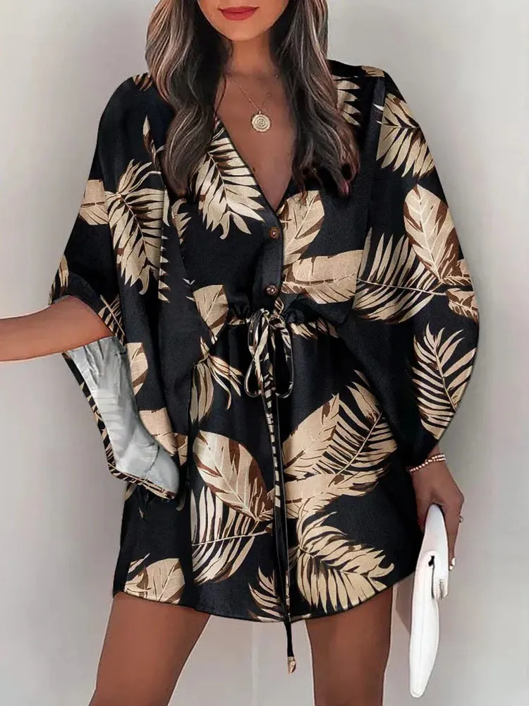 Fashion Leaf Leopard Printed Harajuku Dress Elegant Batwing Sleeve Lace Up Party Summer V Neck Irregular Women Mini 220613