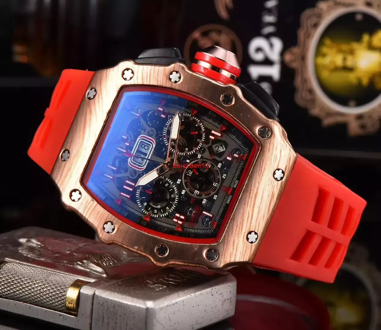 Law Watch自動クォーツムーブメントブランドウォッチラバーストラップビジネススポーツ透明な時計輸入クリスタルミラーバッテリー2462