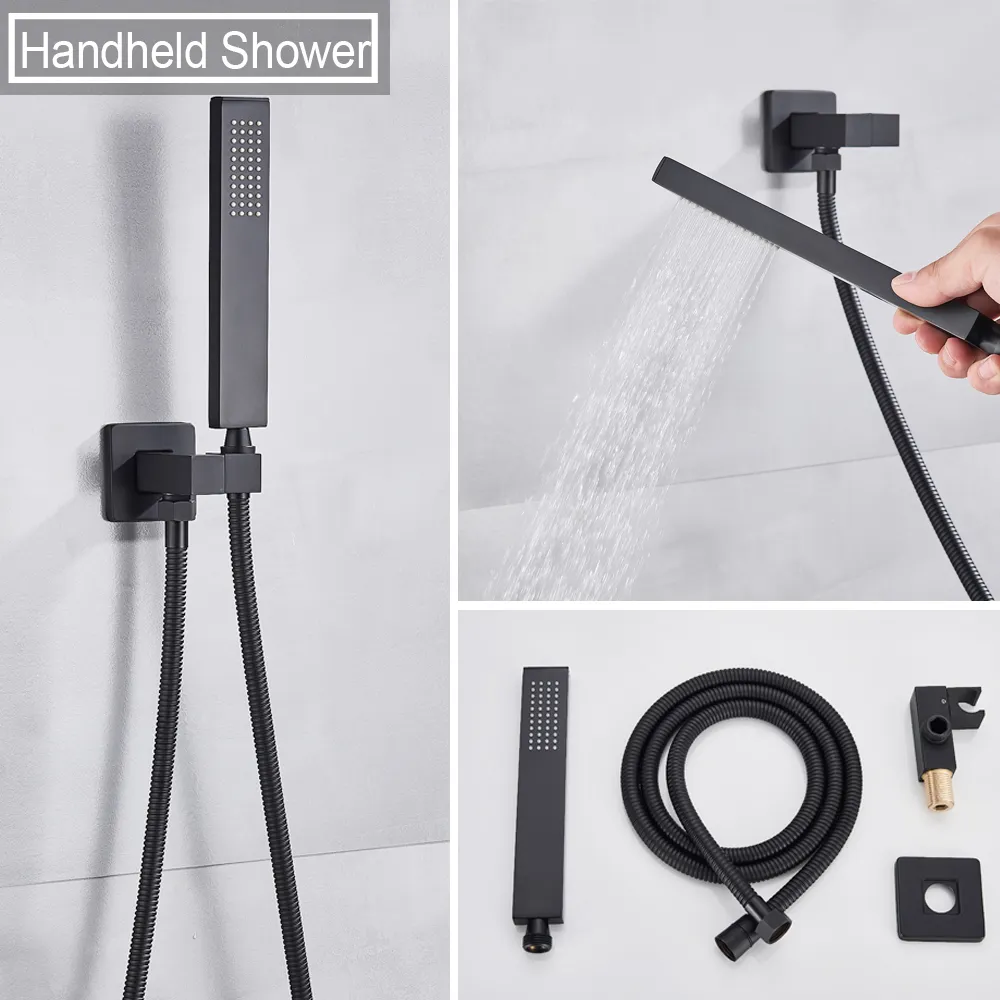 Matt svart väggmonterad badrum dusch regnfall dusch blandad varm och kallt vattenblandare kran inbäddad lådkontrollventil