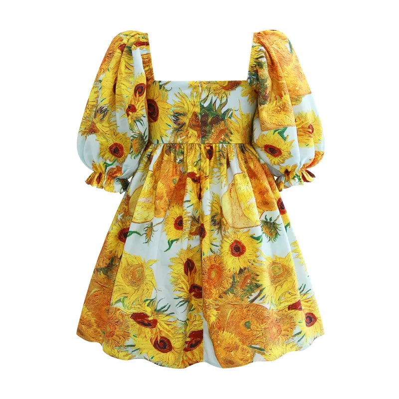Woman Puff Sleeveless dress Van gogh sunflower Printed Pleated square collar dress S-XL