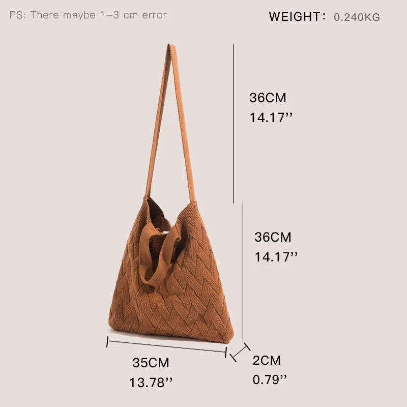 크로 셰 뜨개질 면화 토트 핸드백 짠 디자인 큰 여성 어깨 지갑 부드러운 간단한 작업 가방 220607