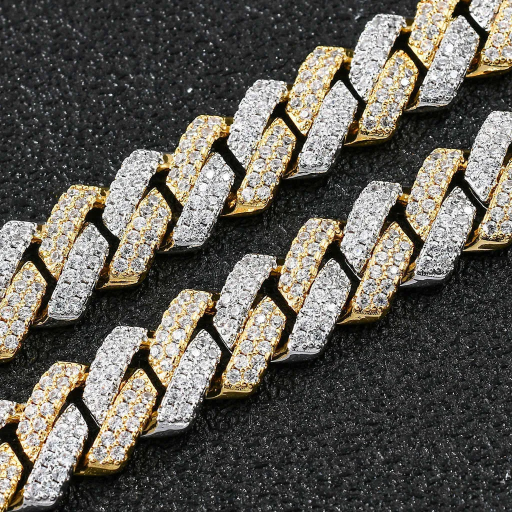 Link 14mm Strip chain chain cugen chain set Zircon platinum real gold اثنين من لون رجال الهيب هوب قلادة inte22