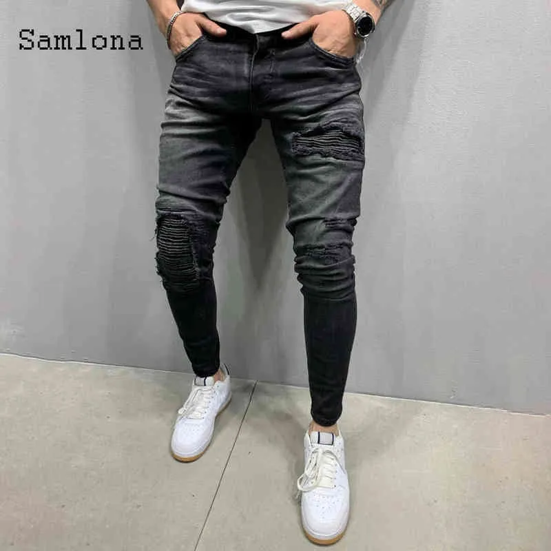 Mens Skinny Jeans Moda Denim Pant Masculino 2020 Hole Rasgado Calças Streetwear Homens Zíper Denim Pant Blue Hip Hop Lápis Calças G0104