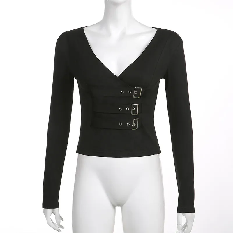 ALLNeon E-Girl Streetwear V-Ausschnitt Schwarz Langarm Crop Tops Grunge Ästhetik Gothic T-Shirts mit Schnallenbesatz Criss-Cross T-Shirts 220408