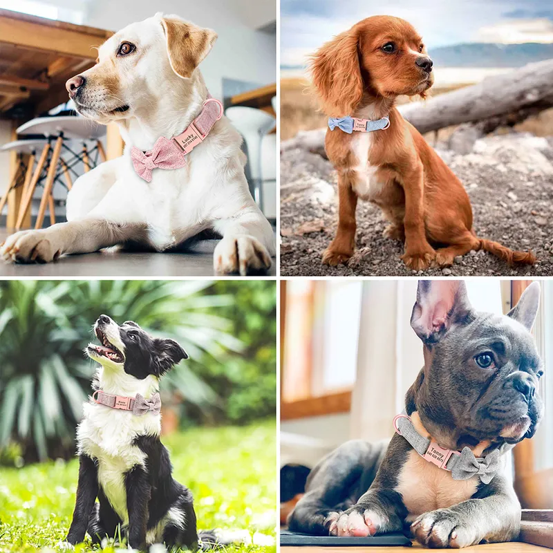 Personalized Dog Collar With Bow Tie Soft Woolen Cloth Dogs ID Collars Antilost Free Engraving Cute Bowknot Pet Accessories 220610