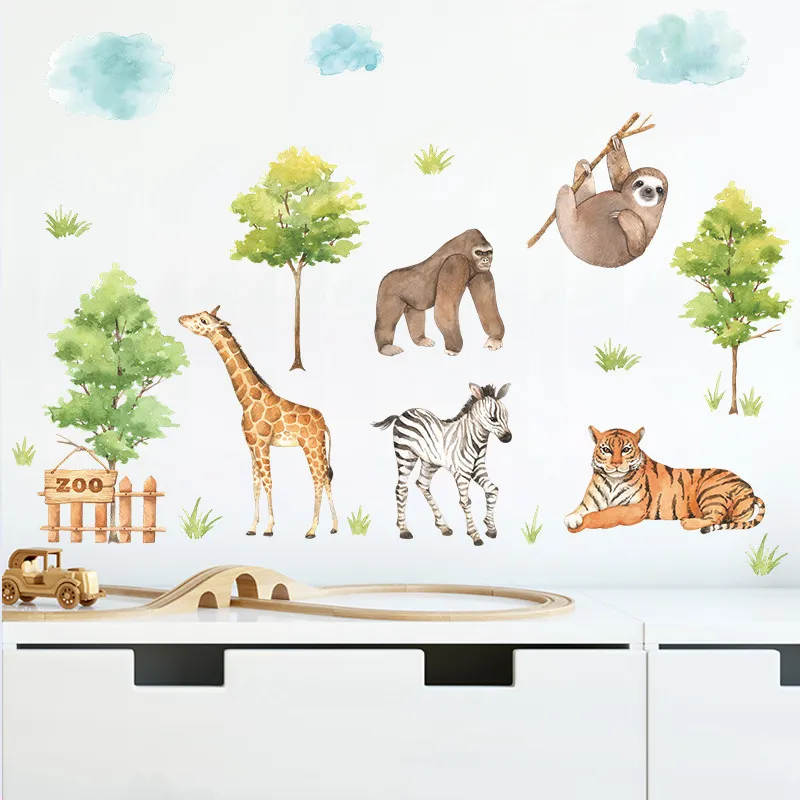 Grands autocollants muraux d'animaux de la Jungle, pour chambres d'enfants, décoration de chambre de garçons, papier peint auto-adhésif, affiche de décoration murale en vinyle 2205231127500