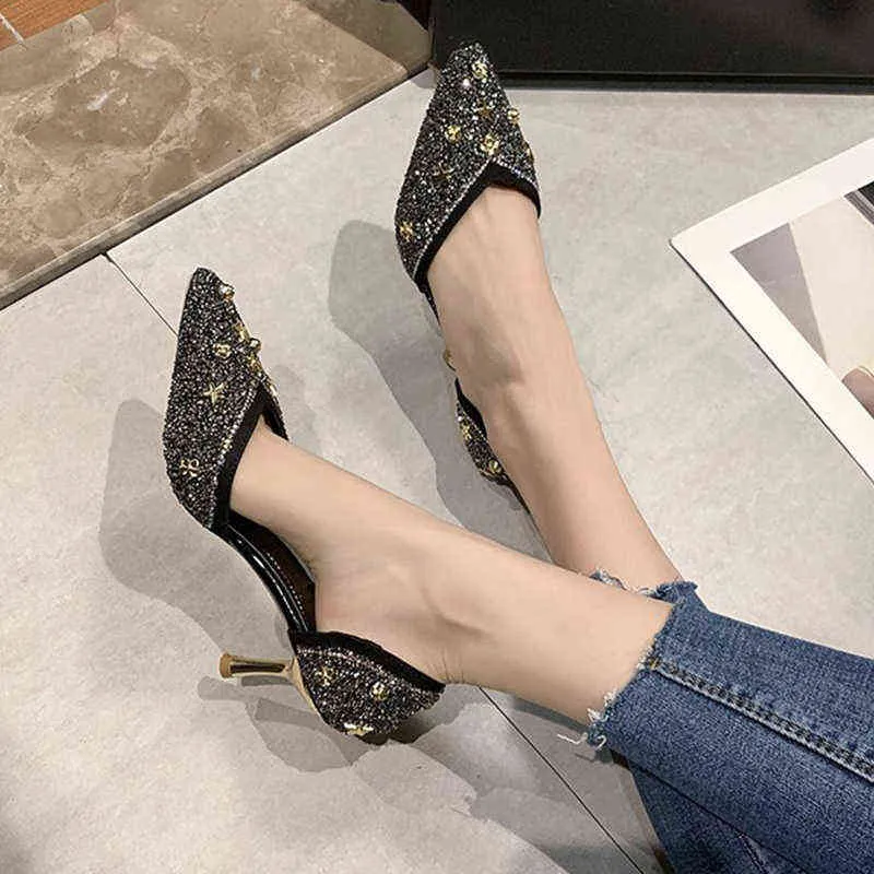 Dress Shoes Fashion Star Pattern Crystal Pumps Woman Elegant Pointed Nose Stiletto Heels Briefs On Party Ladies 220416
