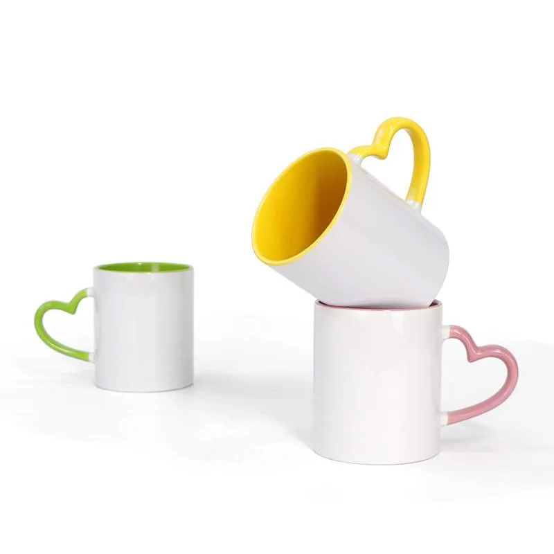 Heart Shaped Handle Printing Inner Color Coating Mugs Personalized DIY Custom Blank Heat Transfer Cups KTS188