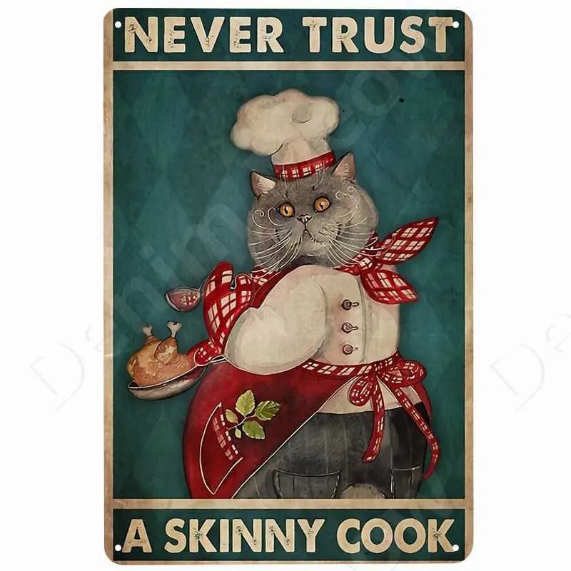 Baking Vintage Targa in metallo in metallo Gatto nero Art Poster Bar Cafe Cucina di casa Decorazione della parete Never Trust A Skinny Cook Retro Plauqe N4492170672