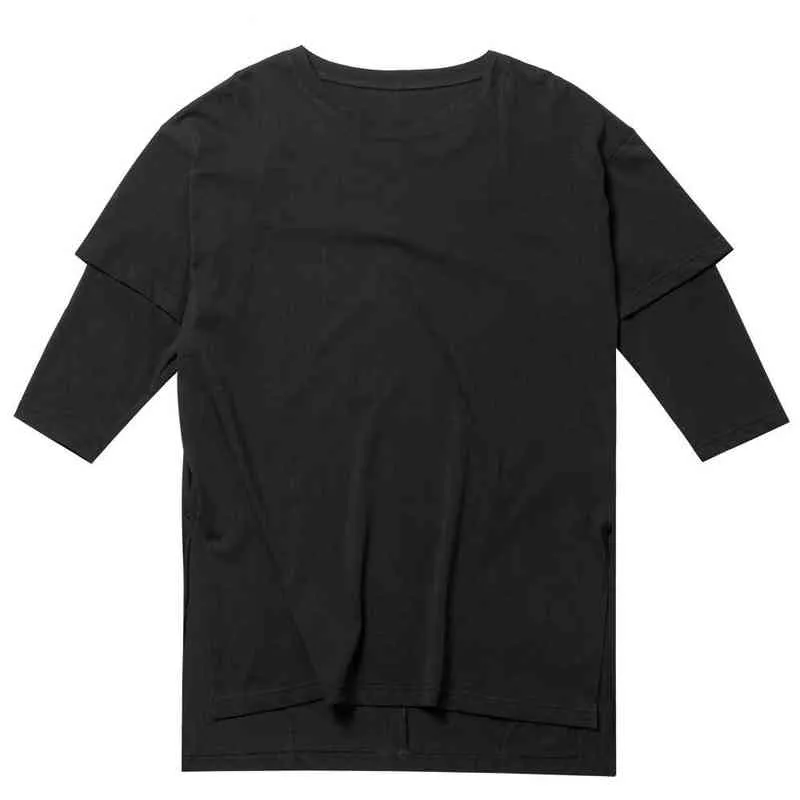 T-shirt à manches courtes, double couche, manches trois-quarts, grand col rond, ample, long, fente latérale, grande taille, art masculin L220704