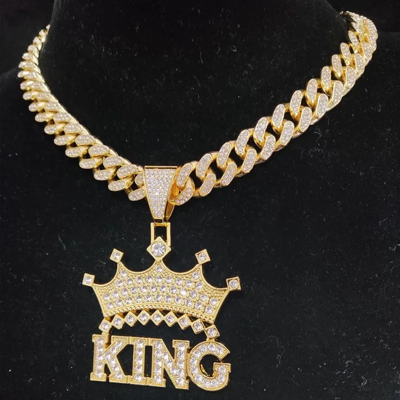 Men Hip Hop Crown King Pendant Necklace with 1m Cuban Chain HipHop Iced Out Bling Necklac Fashion Charm Jewelry215V